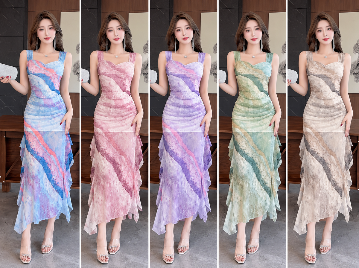Five colour abstract print ruched sleeveless asymmetric ruffle maxi dress front view wholesale