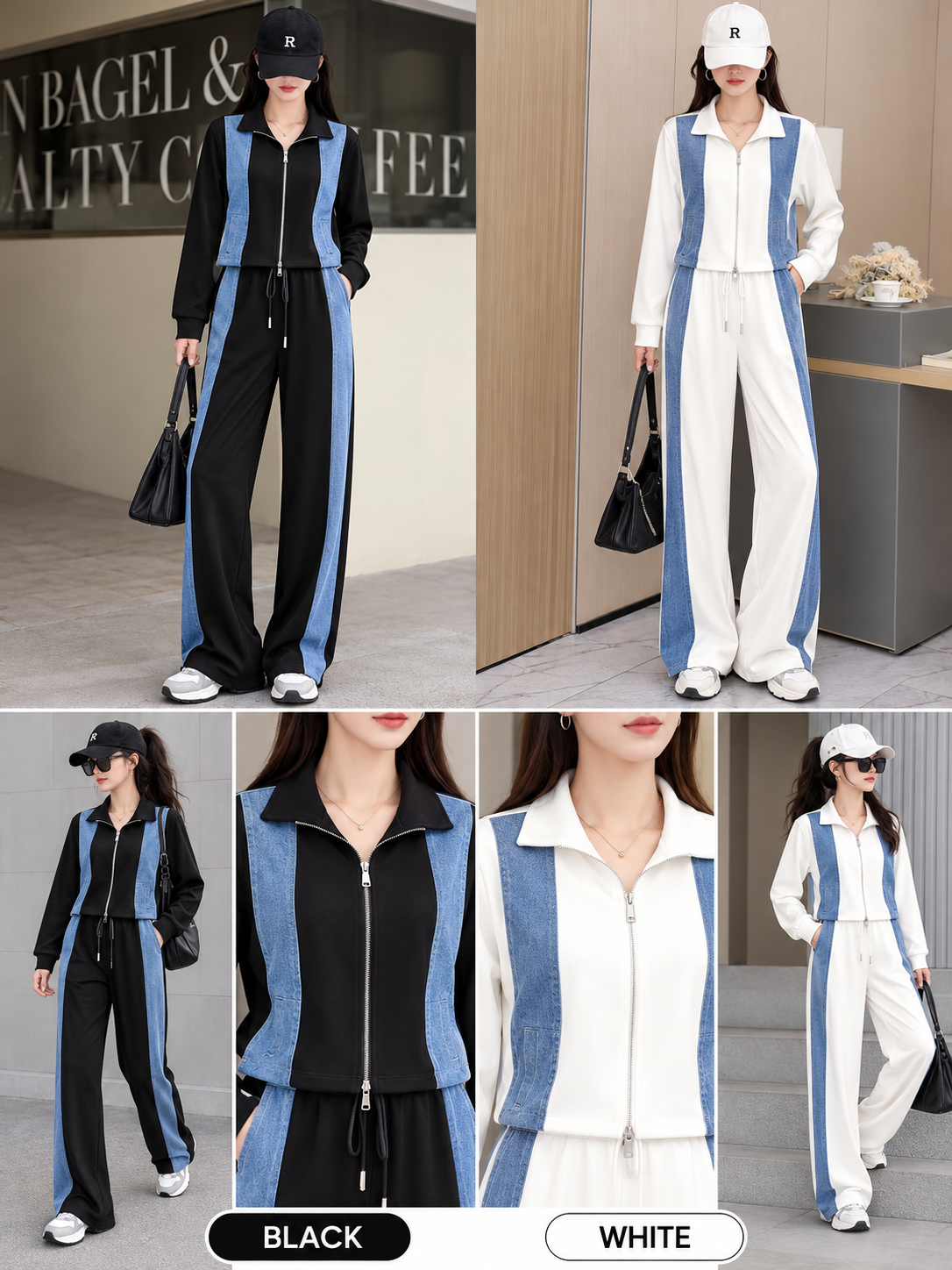 Women's black and white denim panel zip-front jacket and wide-leg trouser co-ord sets with detail views