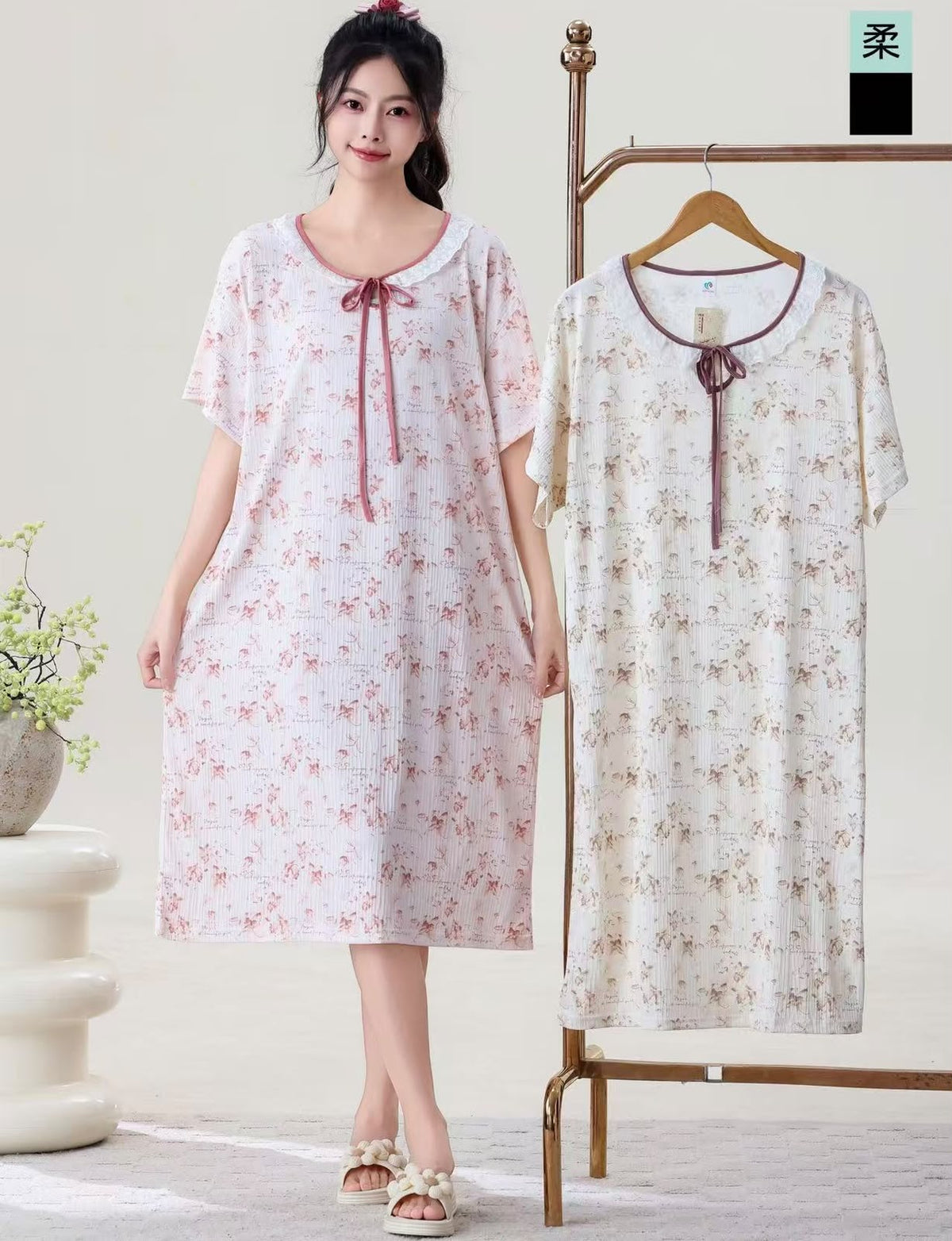 Korean striped floral bow neck nightdress Zadine Fashion wholesale photo 3