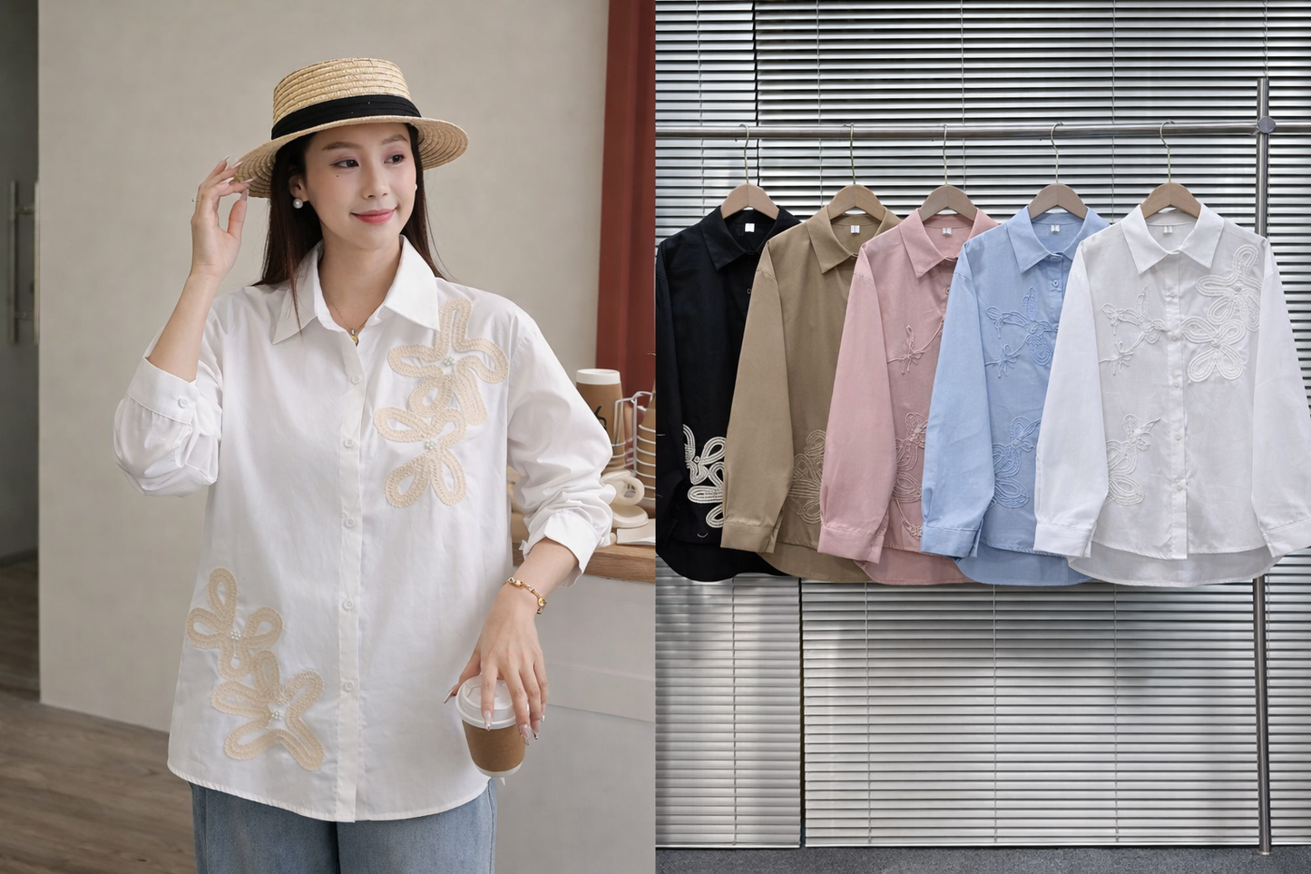 Woman wearing a white blouse with floral patterns and a straw hat, standing next to a rack of similar blouses.