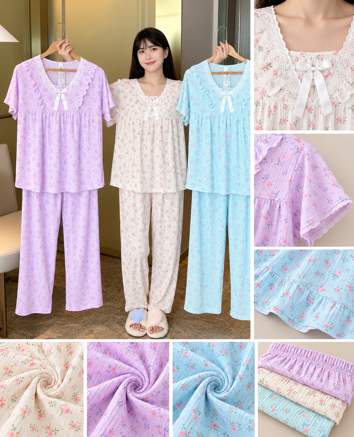 Lavender cream blue floral lace bow short sleeve pajama set wholesale