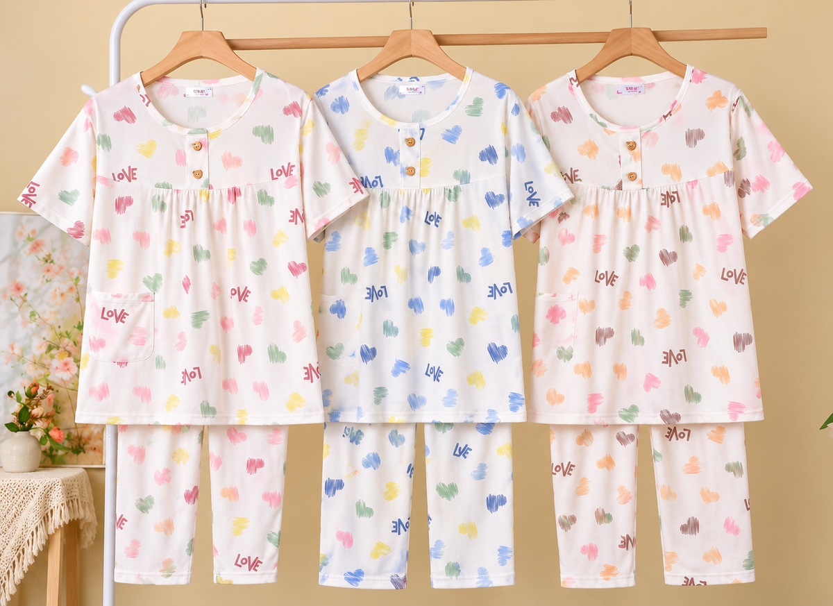 Women's heart and LOVE print nightwear pajama sets in three pastel colour combinations