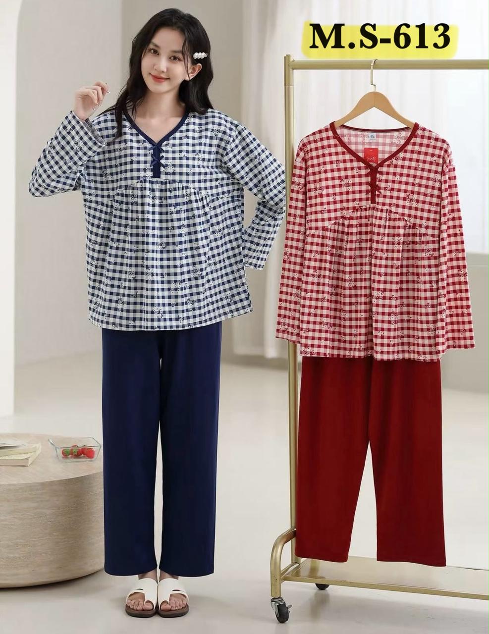 MS-613 navy and red gingham check women's long sleeve night suit wholesale