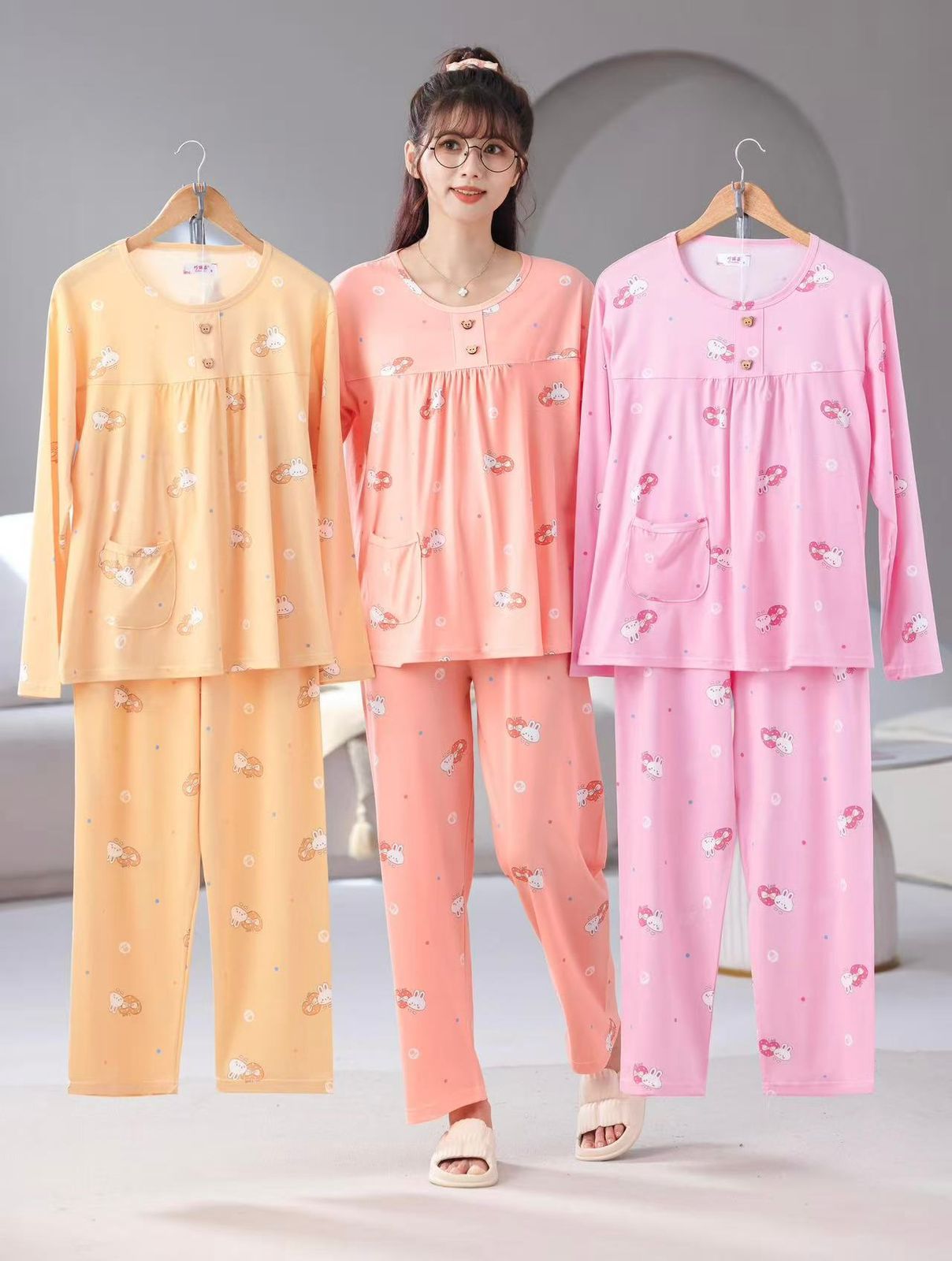 Korean Rabbit Print Night Suit for Women Wholesale | Cute Cotton Full Sleeve Sleepwear Set | Ladies Nightwear Supplier India