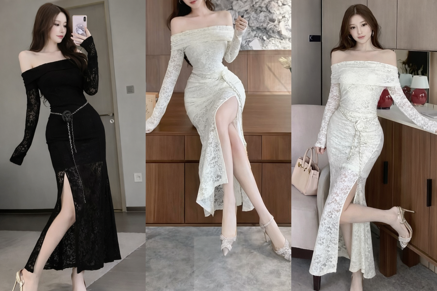 Imported Korean Off-Shoulder Lace Slit Maxi Party Dress for Women – Wholesale