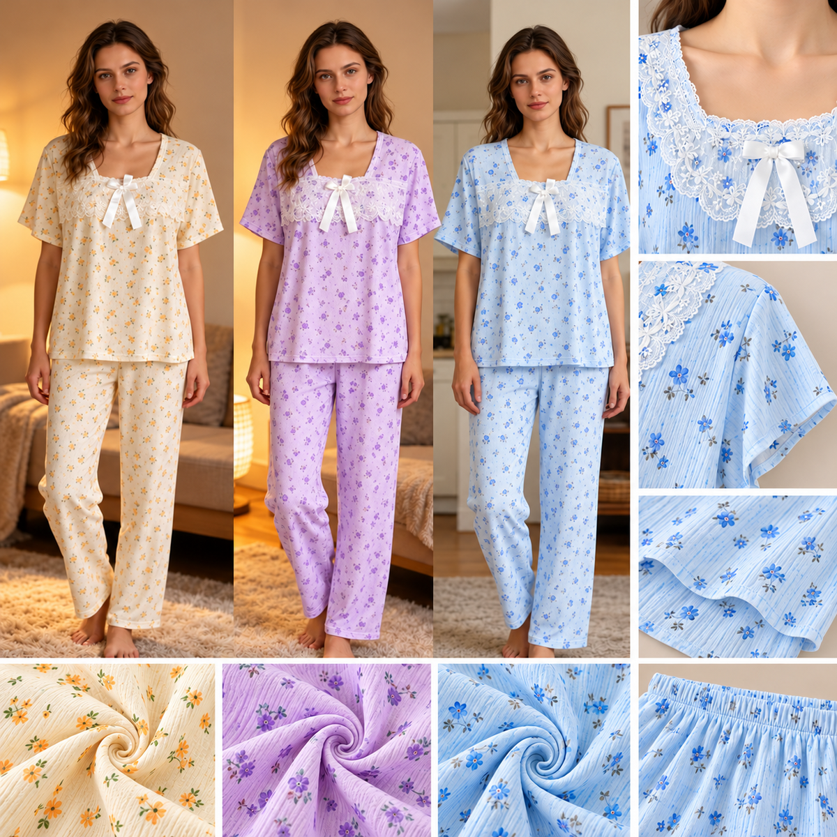 Cream lavender blue floral square neck lace bow pajama set wholesale