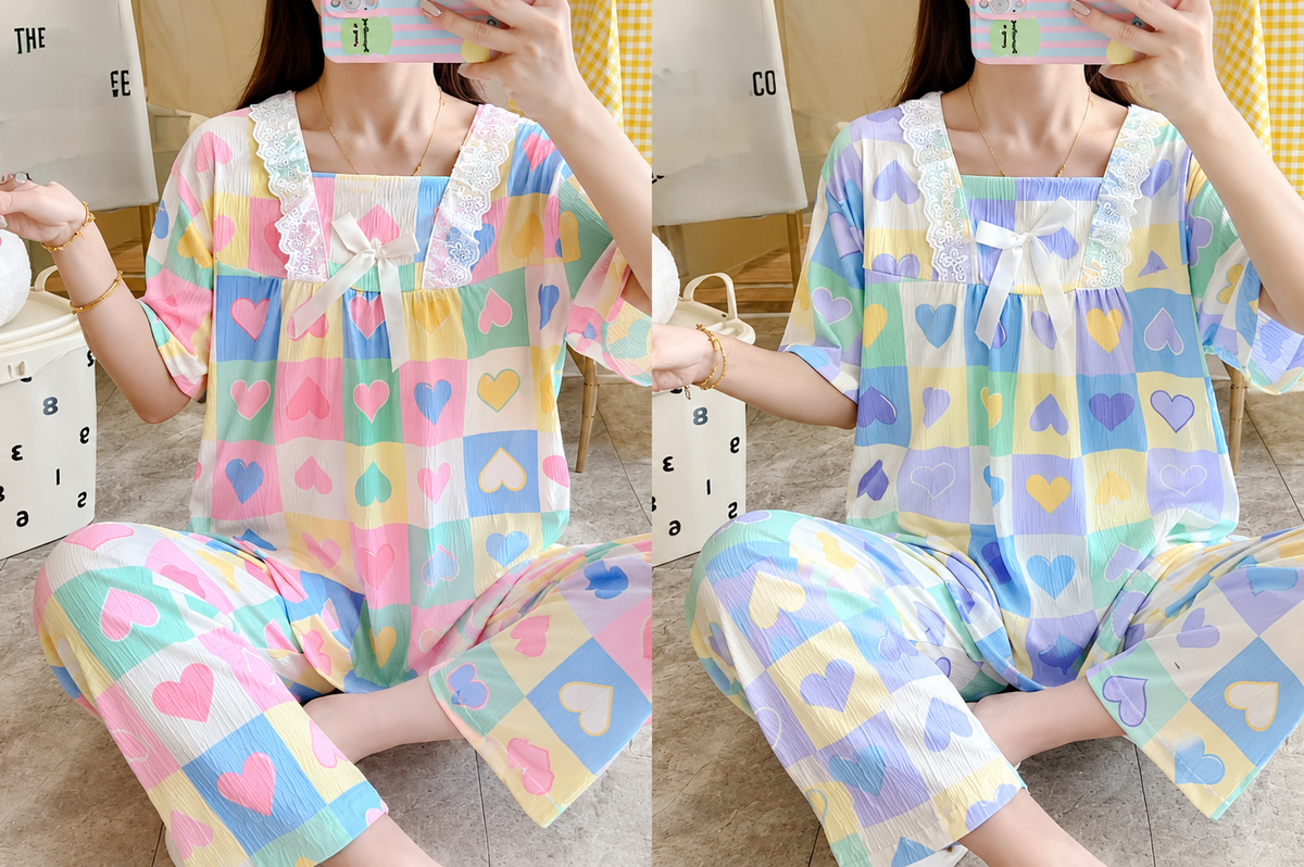 Pastel heart print Korean lace bow pajama set pink and lavender wholesale