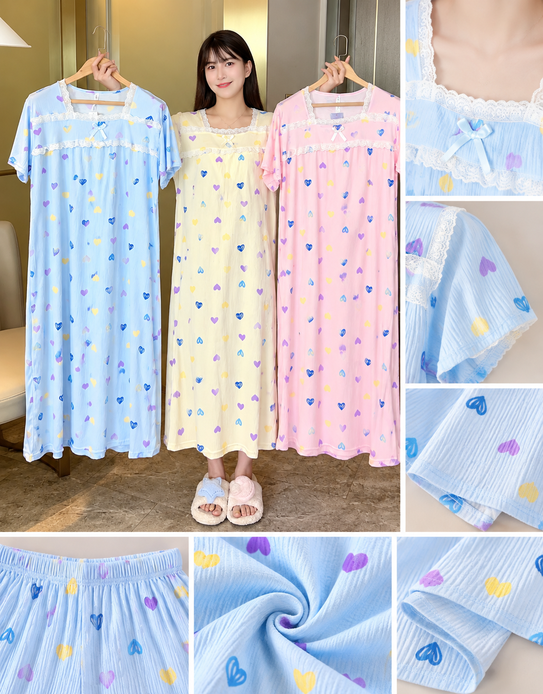 Blue yellow pink multicolor heart print lace trim long nightdress wholesale