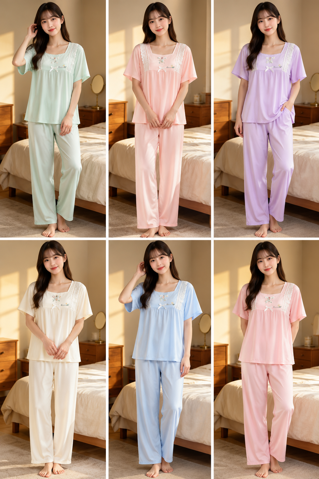 Pastel six colour square neck lace embroidered pajama set wholesale