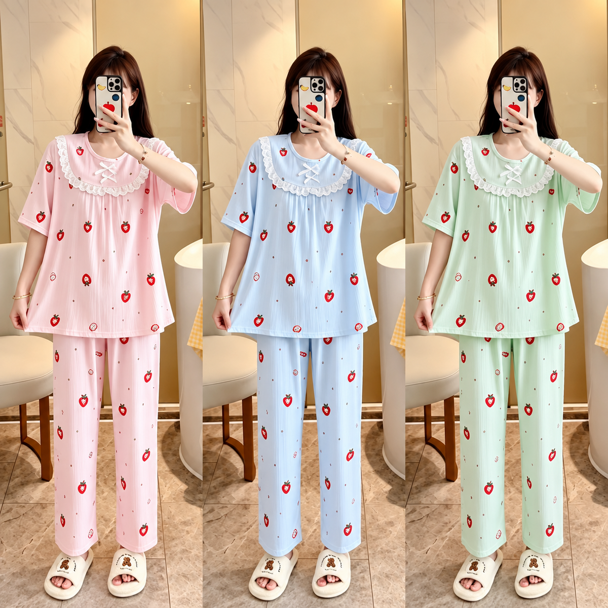 Pink blue mint strawberry print lace collar women's nightwear pajama sets