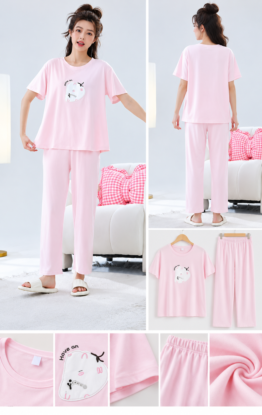 Pink cartoon patch T-shirt and matching full length pyjama Korean night suit front back
