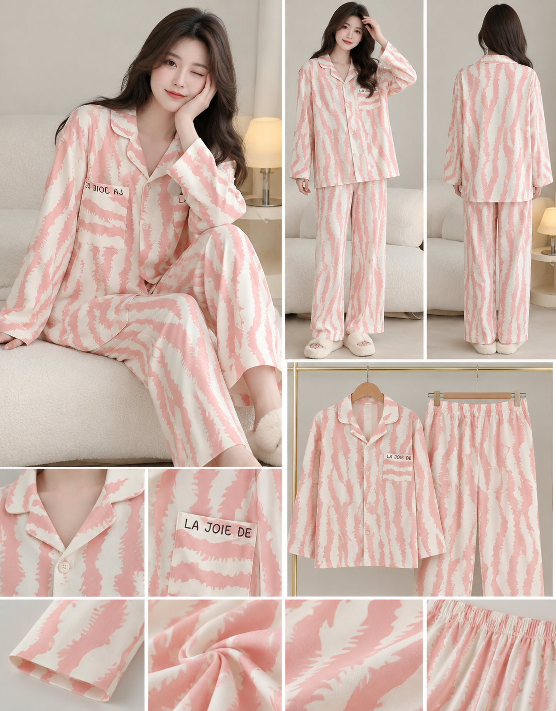 Pink cream abstract stripe print two piece Korean wholesale pajama set