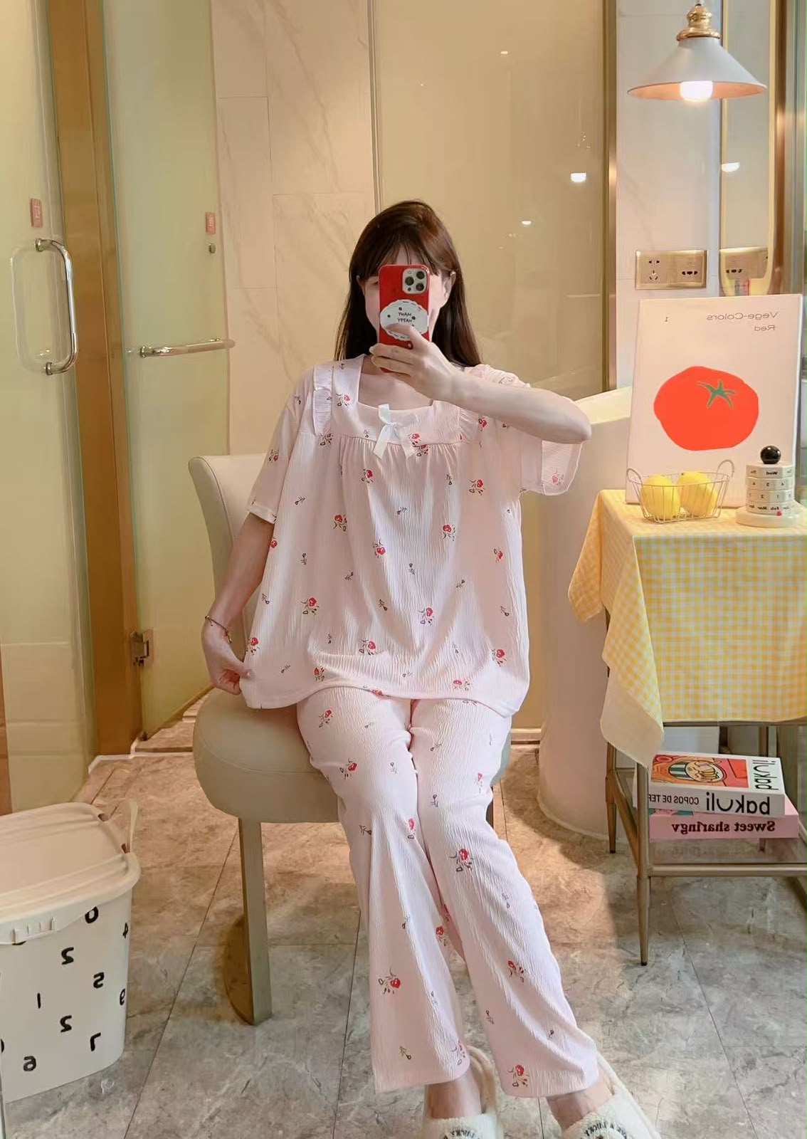 Pink floral printed short sleeve top and matching long pants two piece night suit