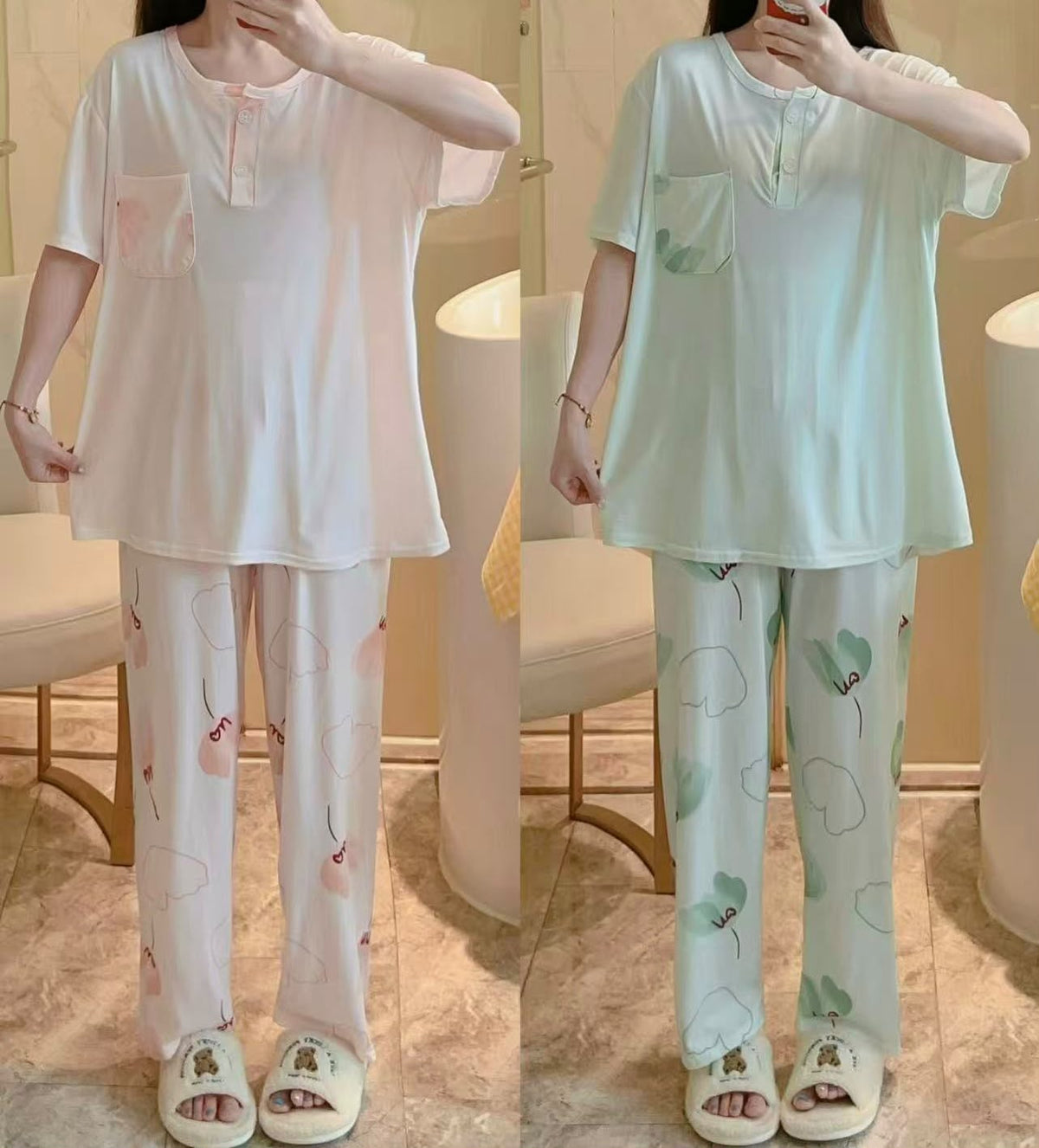 Pastel pink and mint fruit motif two piece night suit with matching trousers