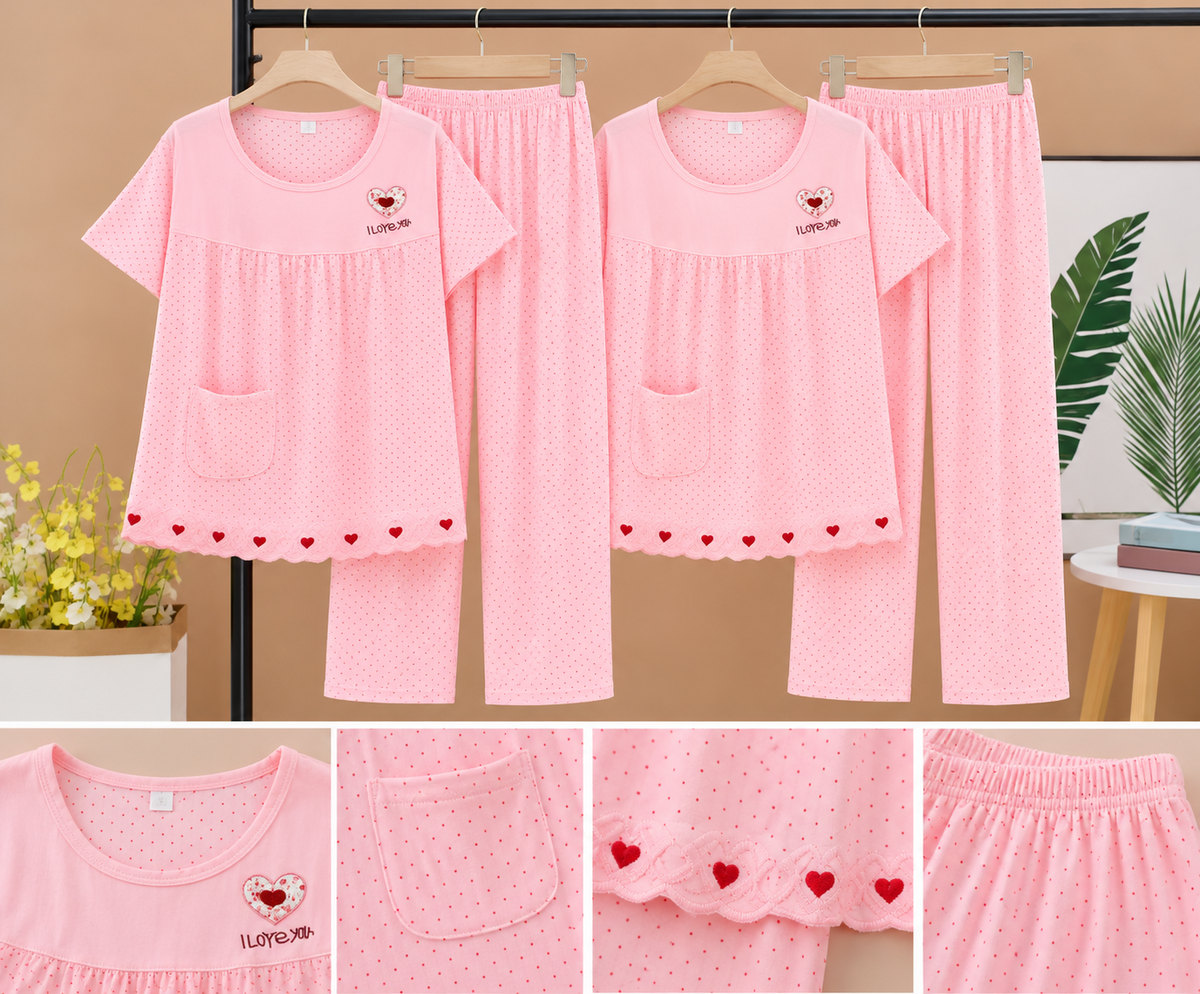 Pink polka dot heart lace trim two piece women's pajama set wholesale