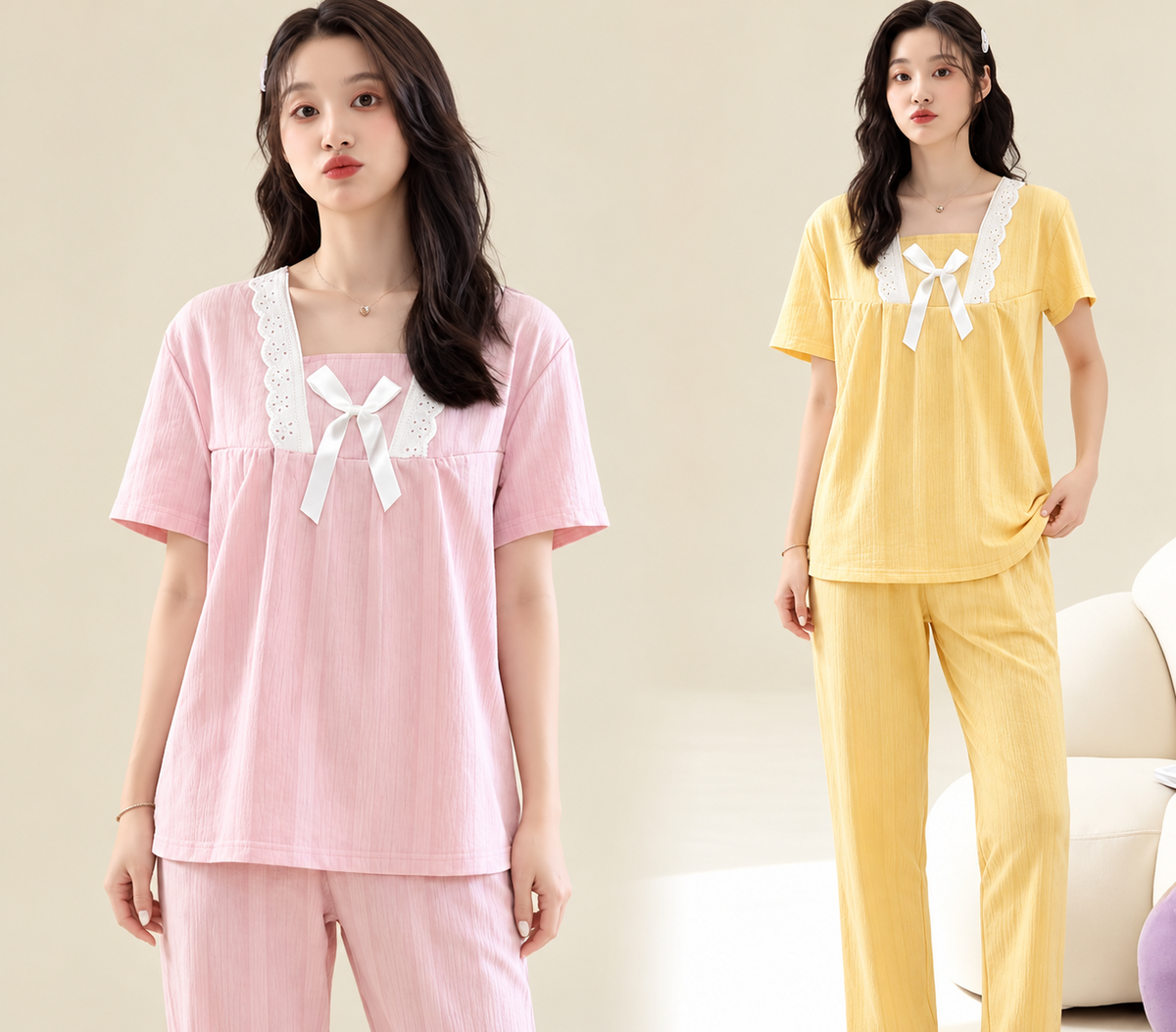 Pink yellow square neck bow lace short sleeve pajama set Korean wholesale
