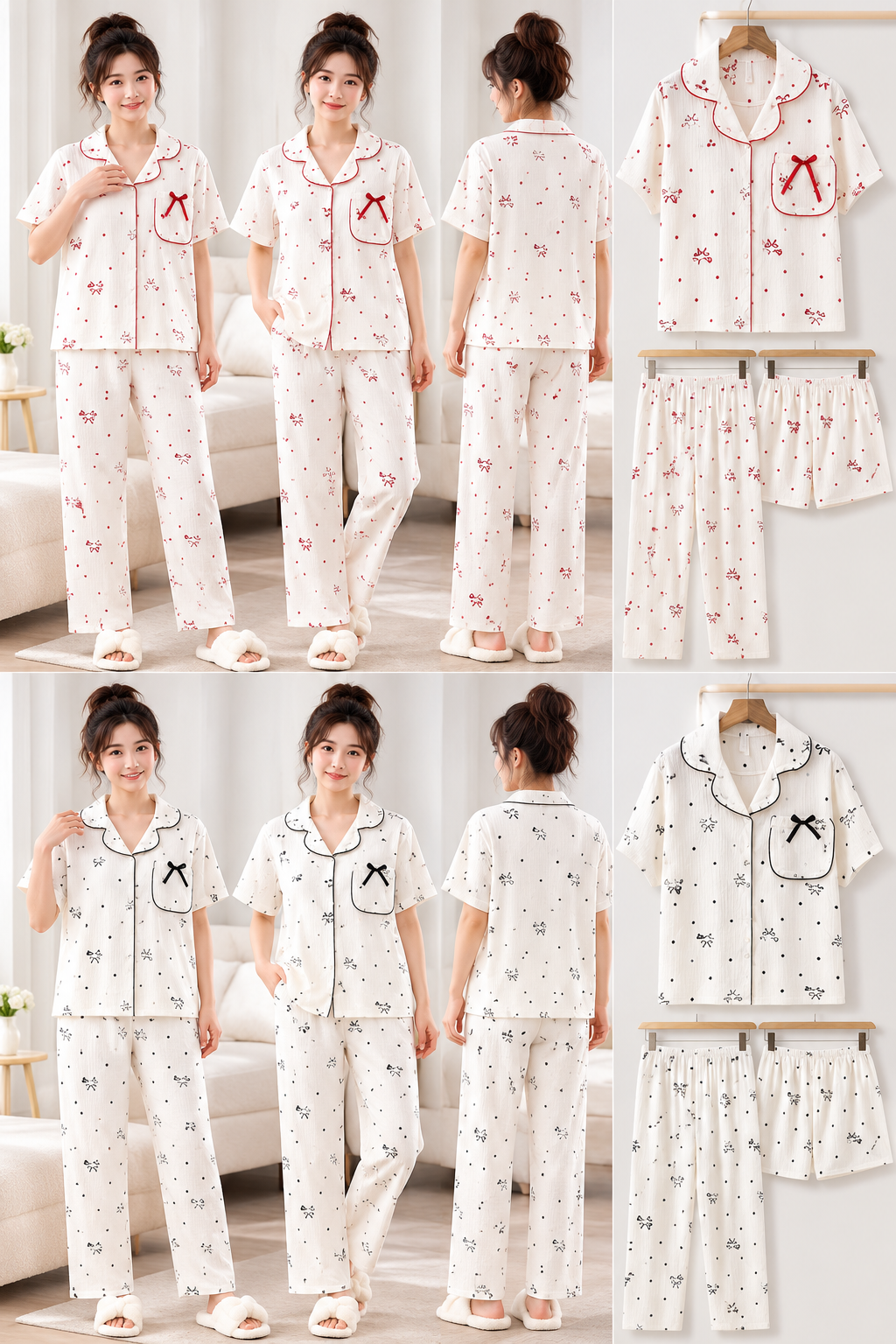 White red and black bow print button down Korean pajama set wholesale