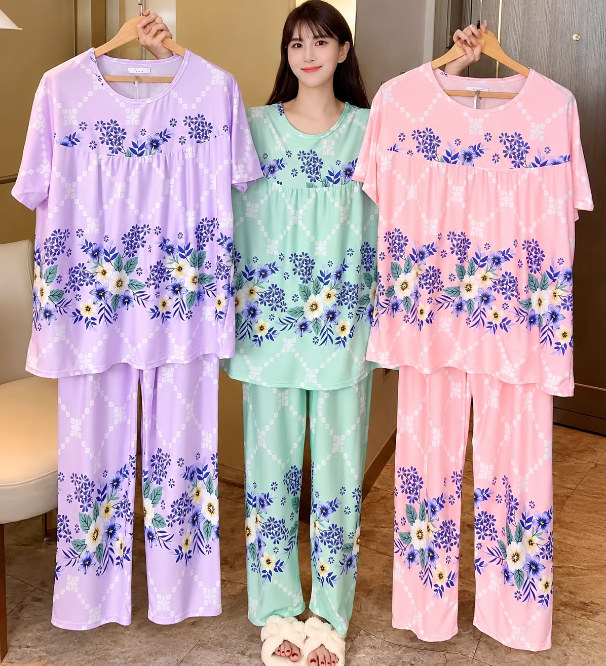 Lavender mint green pink floral print women's two piece nightwear pajama set