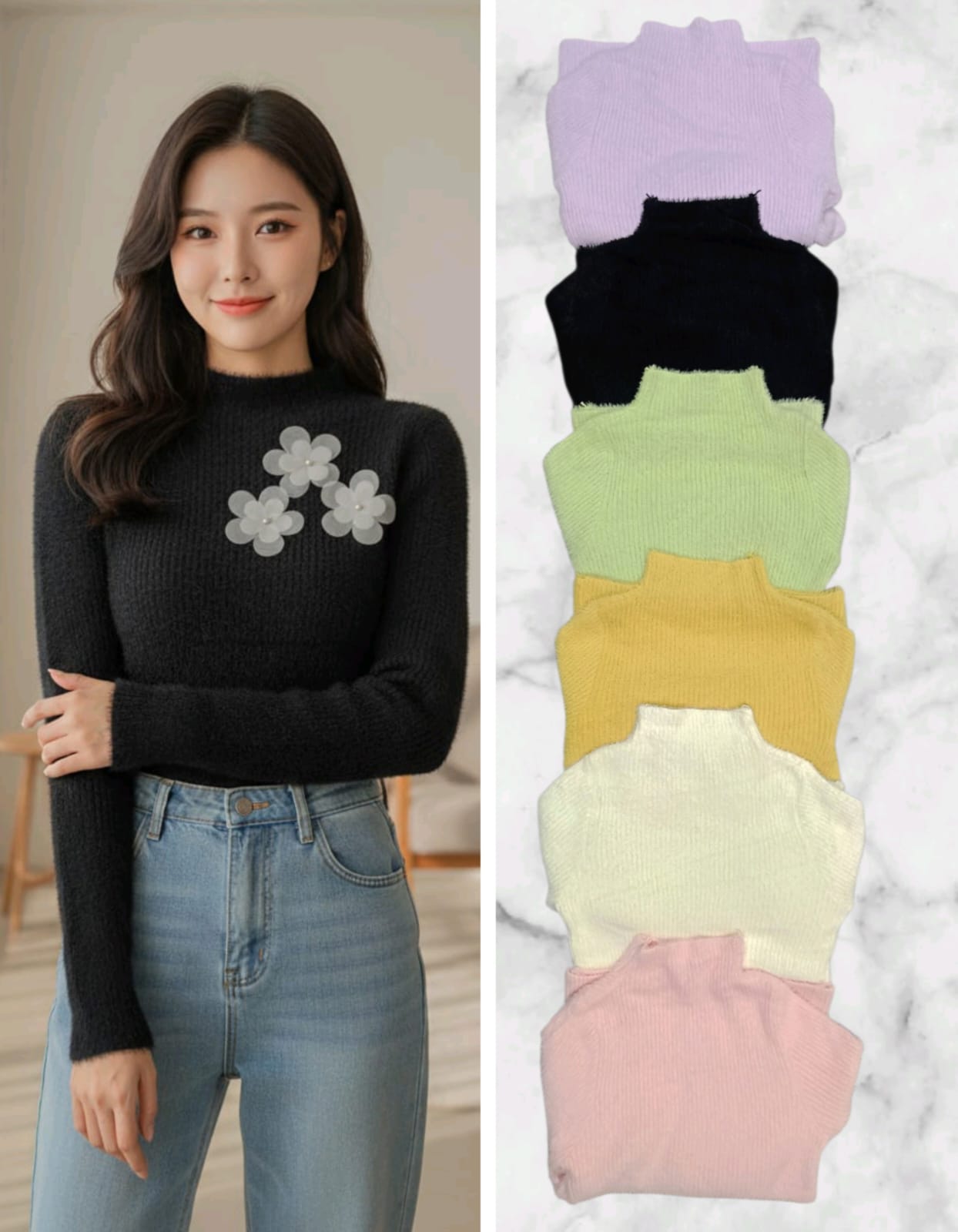 Imported Woolen Flower Blouse | Winter Hair Fabric Cyclone Top Wholesale – 6 Colors, Ready Stock