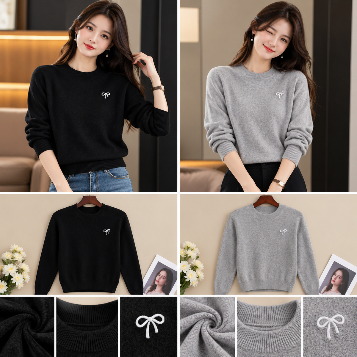 Black and grey knitted winter sweaters with white bow chest motif wholesale