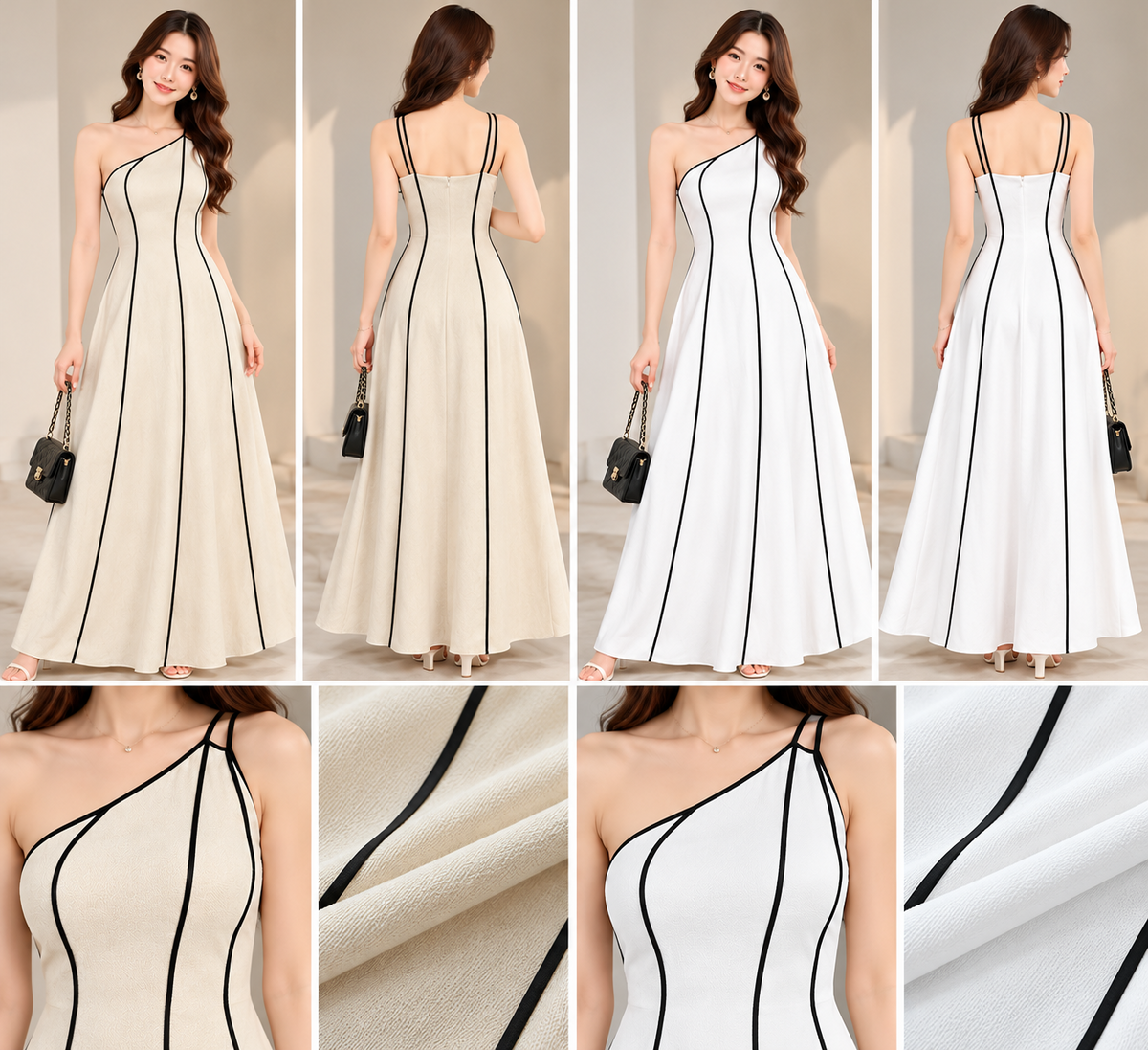 Cream and white asymmetric one shoulder maxi dresses with black contrast piping front and back