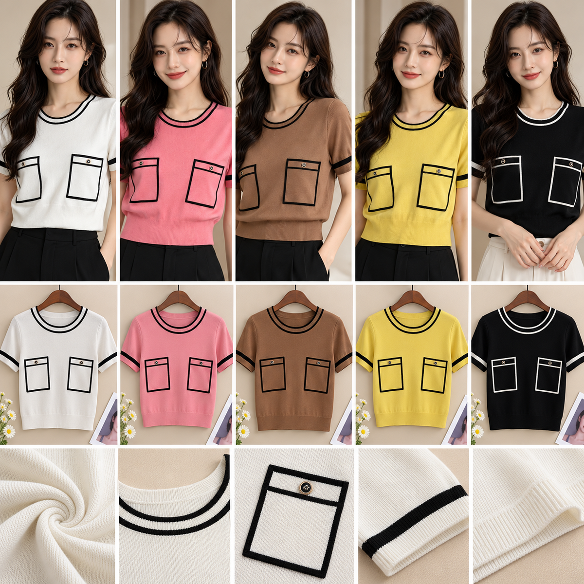 Five colour contrast trim knitted short sleeve tops with two patch pockets