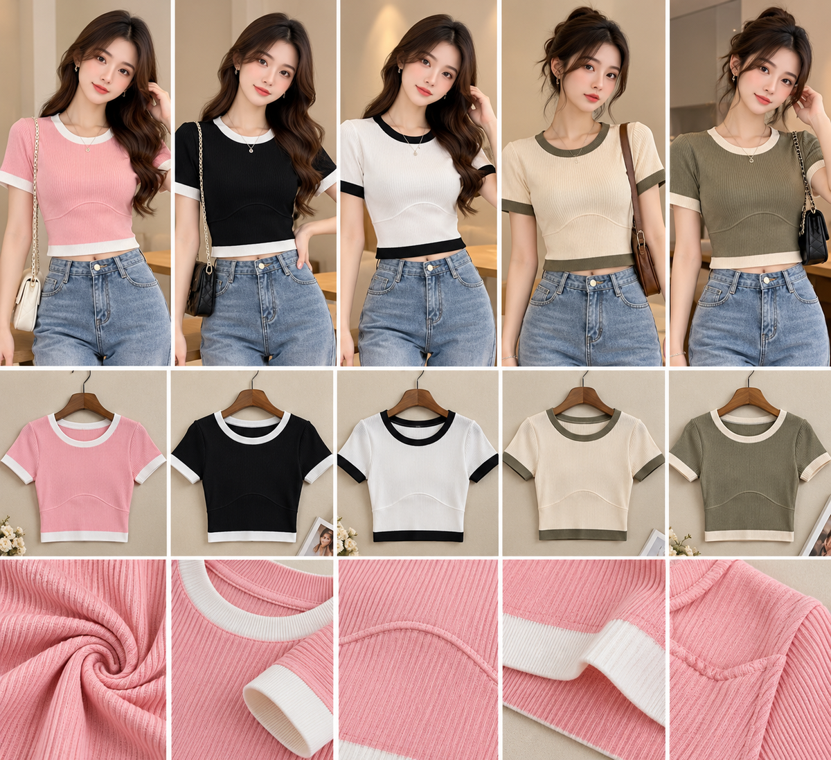 Five ribbed short sleeve crop tops with contrast neckline cuffs hem in pink black white beige and olive
