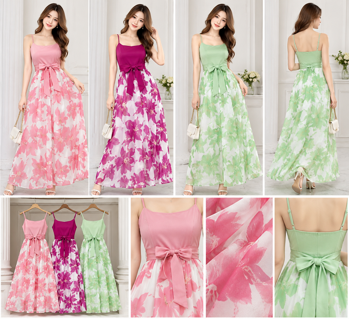 Floral print spaghetti strap maxi dresses with bow waist in pink magenta and mint green