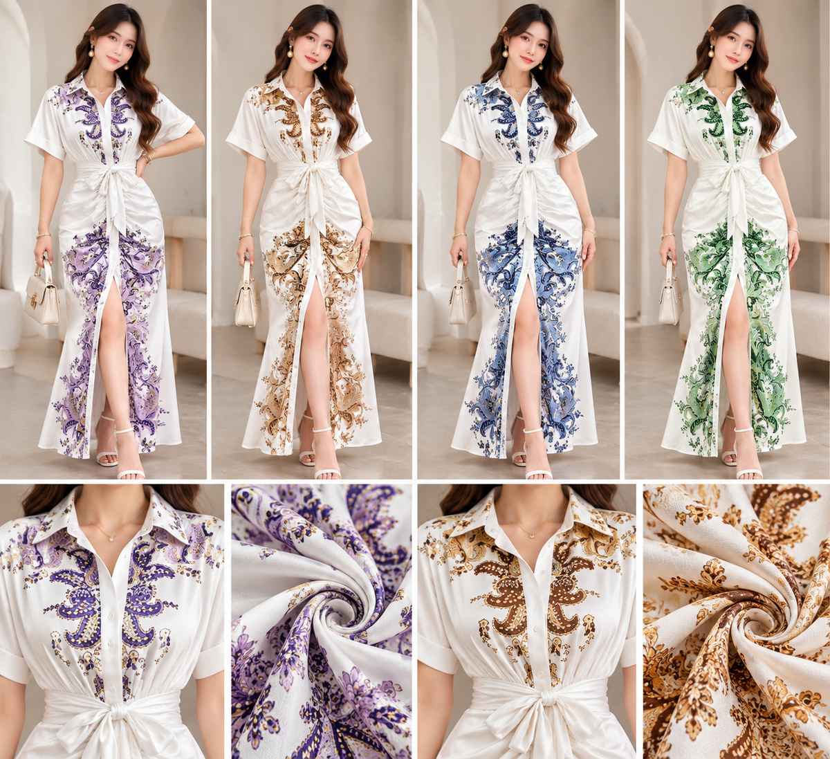 White collared tie-waist maxi dresses with ornate purple brown blue and green prints and front slit