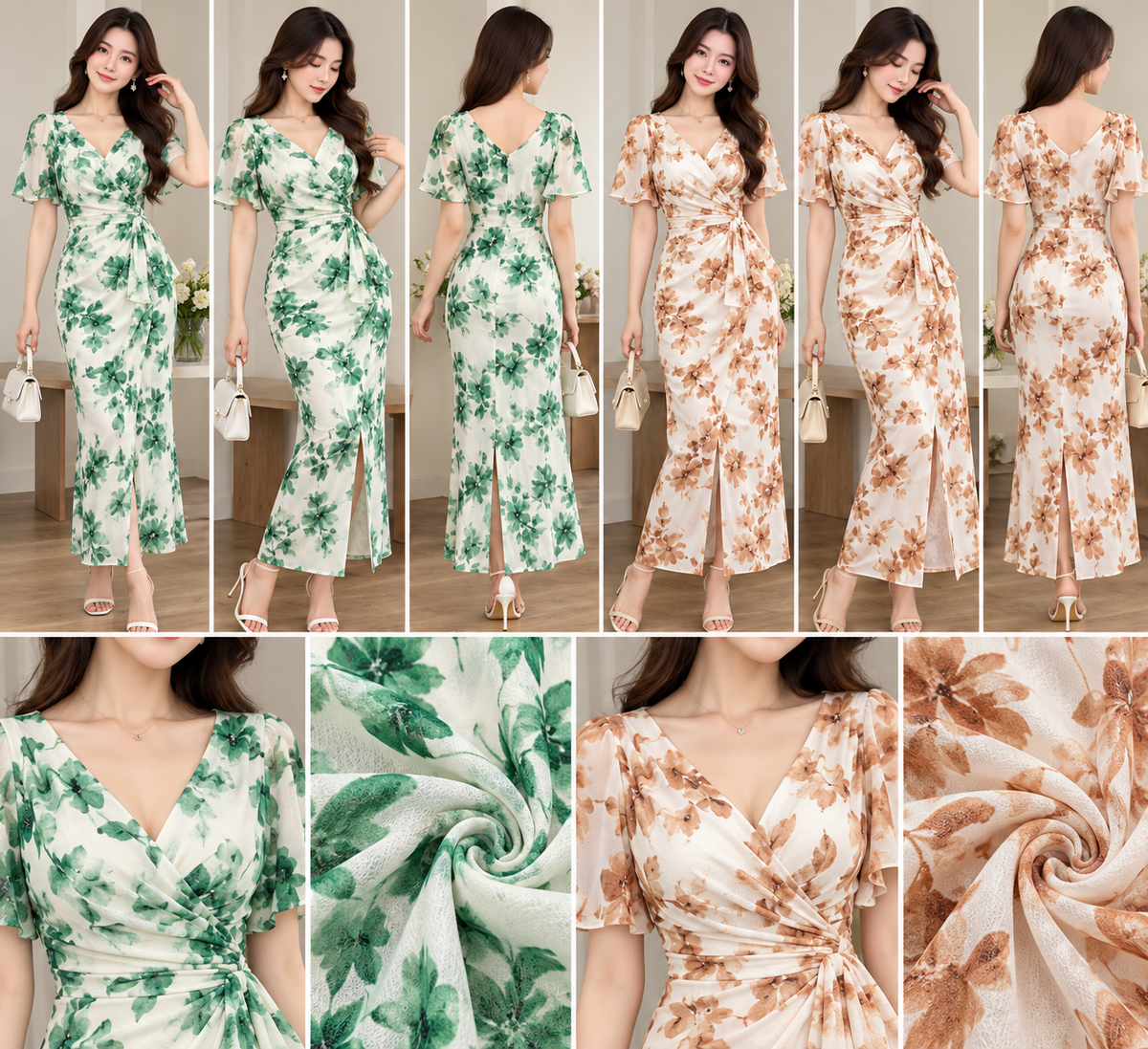 Green and peach floral wrap-style V-neck dresses with flutter sleeves side tie and front slit