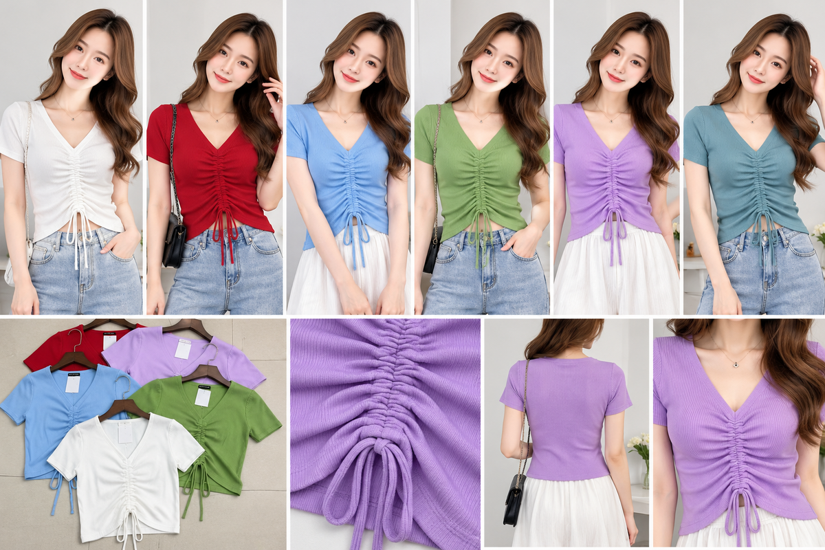 Women's ribbed V-neck short sleeve ruched drawstring tops in white red blue green and lilac