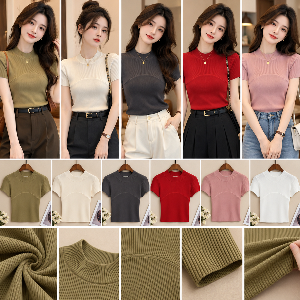 Six colour high neck ribbed short sleeve women's top with curved bust seam
