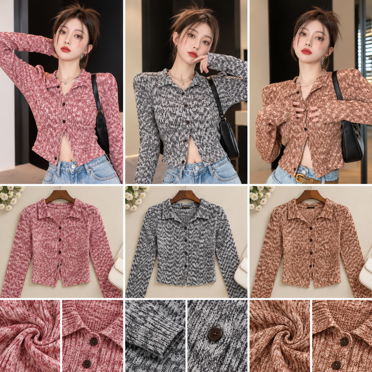 Women's marled knit collared long sleeve button tops in pink grey and brown
