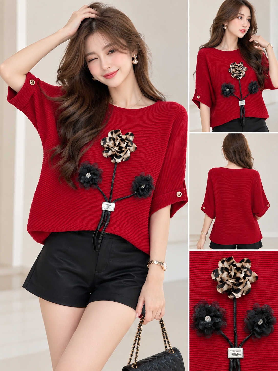 Red textured Korean wholesale top with three dimensional leopard print and black floral appliques, front back detail views