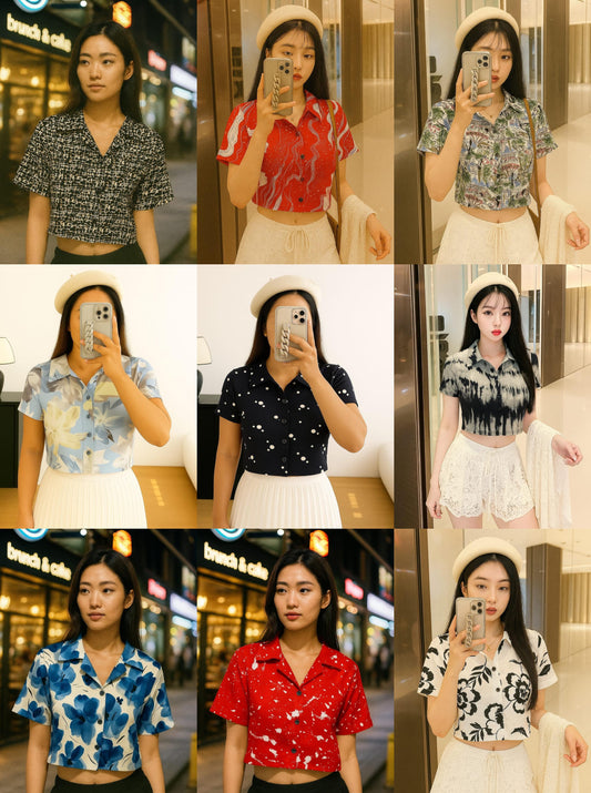 Wholesale Womens Printed Chiffon Crop Shirt - Korean Style Short Sleeve Button Down- ZF-49