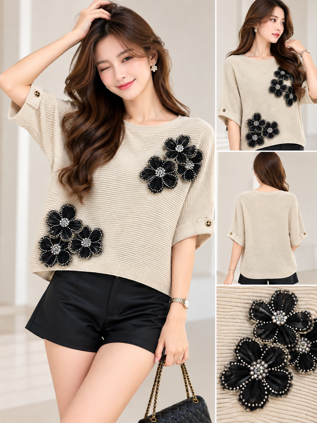 Beige textured Korean wholesale top with black beaded floral appliques, front back detail views
