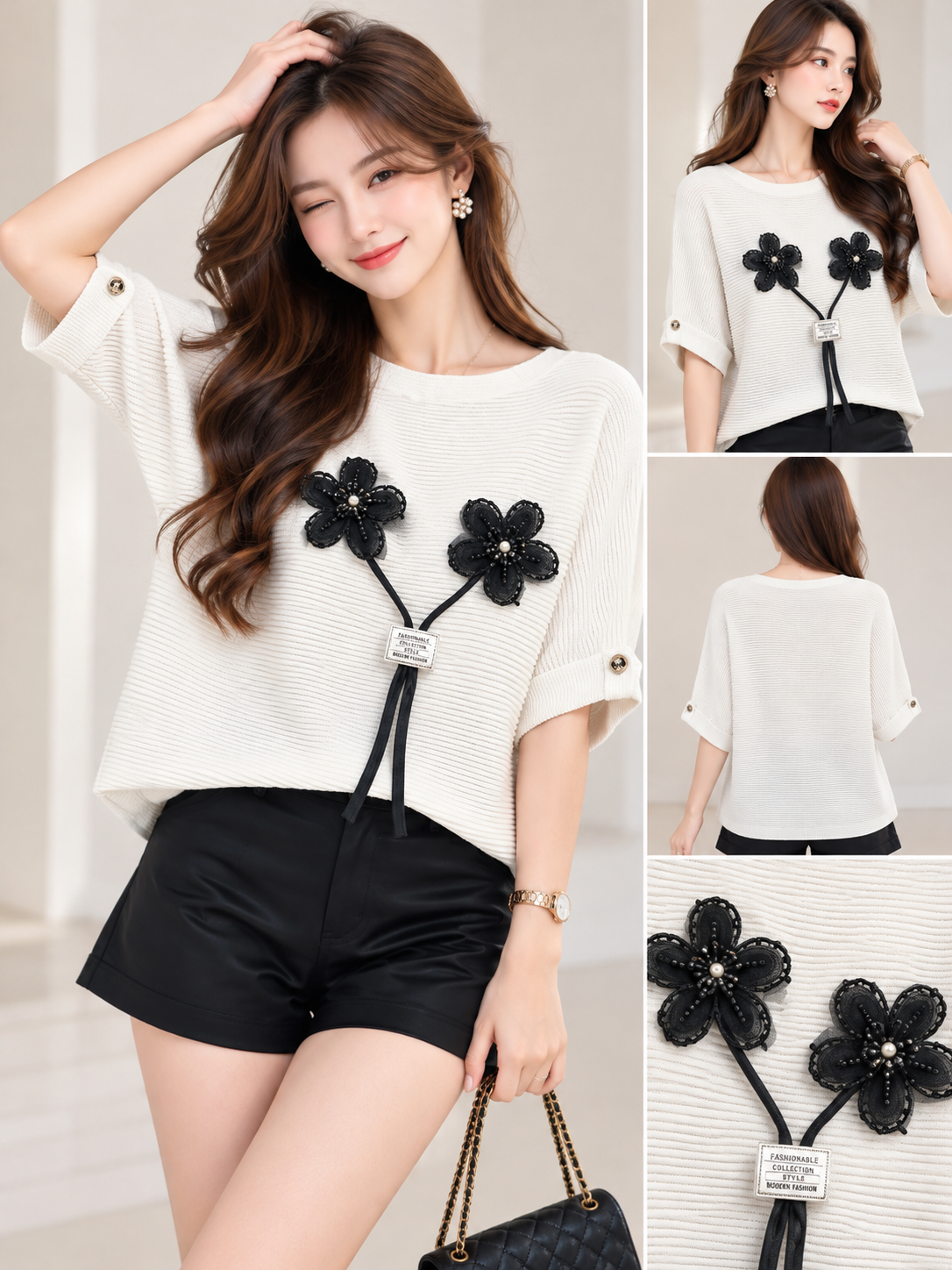 Ivory textured Korean wholesale top with two black floral appliques with hanging stems, front back detail views