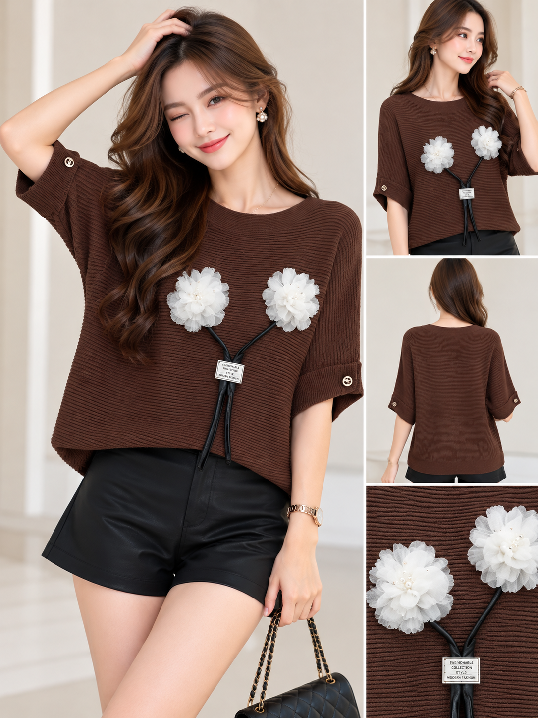 Brown textured Korean wholesale top with two white 3D floral appliques with black stems, front back detail views