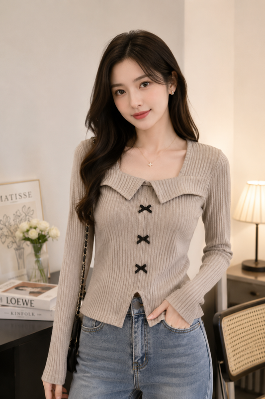 Beige Full Sleeve Ribbed Bow Top - Trending Co-ords & Western Wear Bulk
