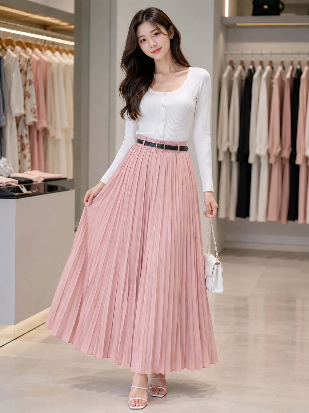 Belted Pleated Maxi Skirt - Premium Imported Clothing Wholesale