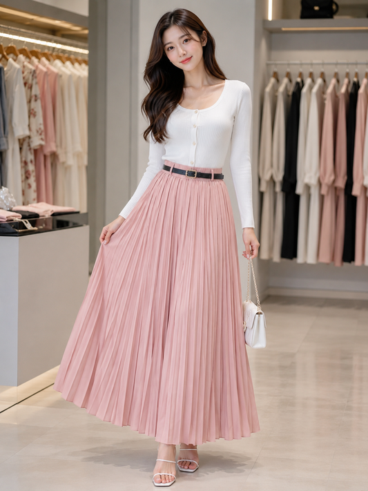 Belted Pleated Maxi Skirt - Premium Imported Clothing Wholesale