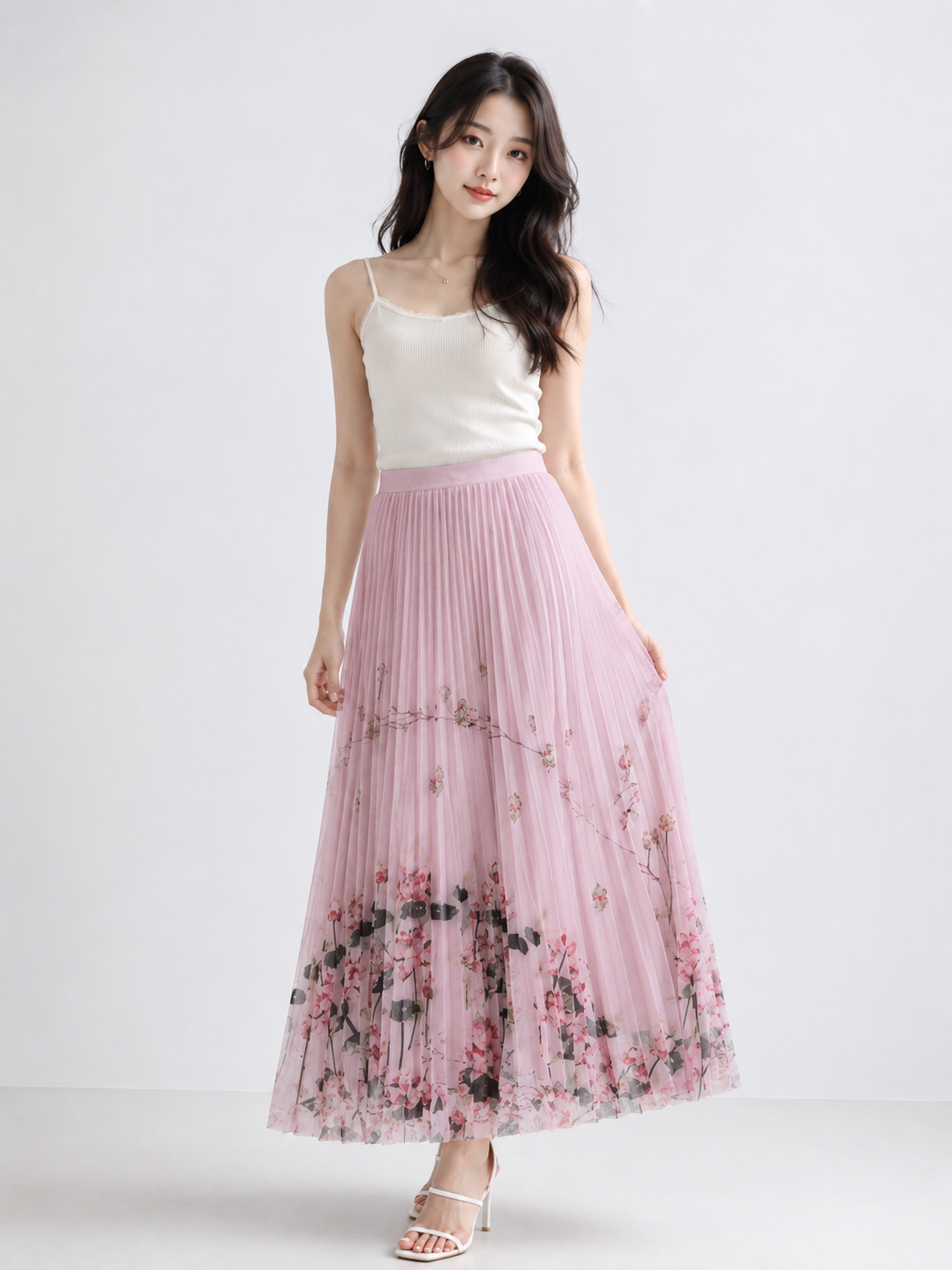 Blush Pink Floral Printed Pleated Maxi Skirt - Korean Wholesale Supplier India