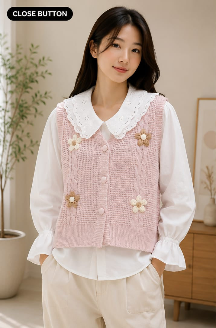 Cable-Knit Buttoned Sweater Vest with Layered Shirt Set - Bulk Apparel Supplier India