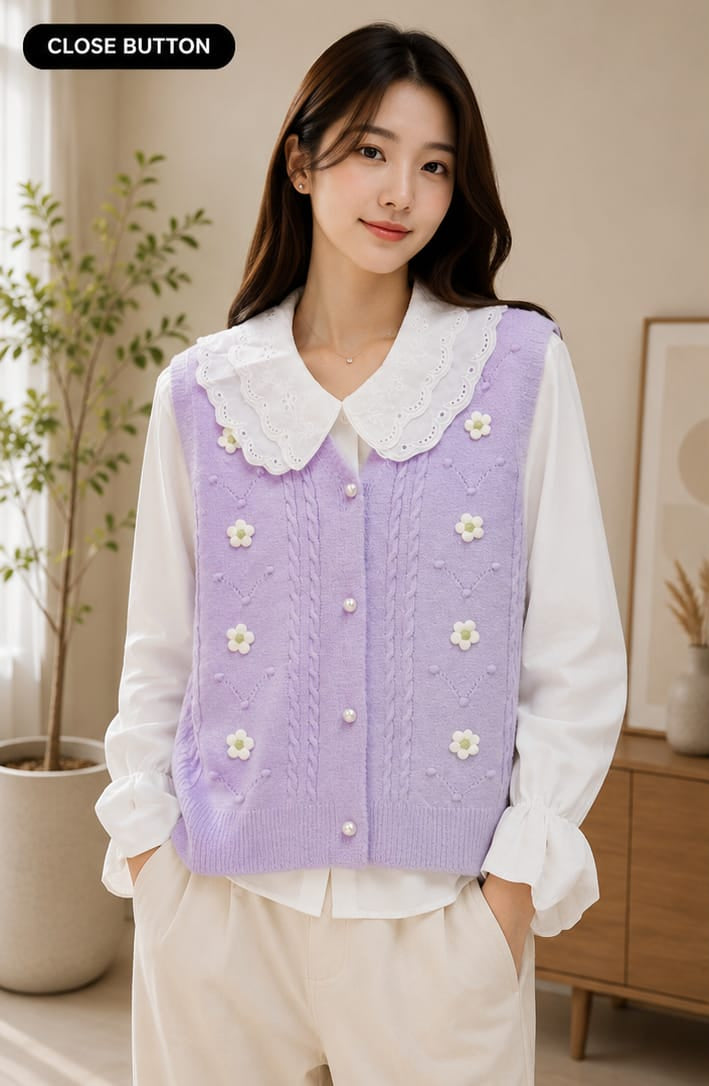 A side-by-side comparison showing a woman wearing a lavender knit vest over a white blouse. The left panel is labeled 'CLOSE BUTTON' and shows a tighter crop, while the right panel is labeled 'OPEN BUTTON' and shows a wider view.