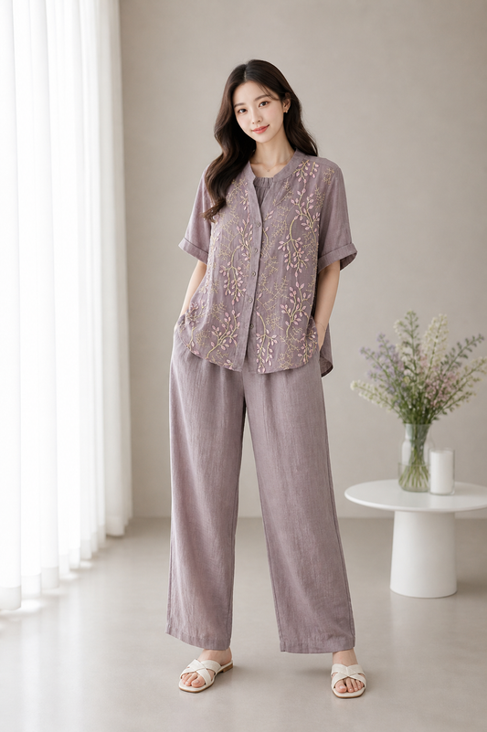 Lavender Embroidered Co-Ord Set for Women | Loose Fit Shirt & Palazzo | Wholesale Western Wear Mumbai