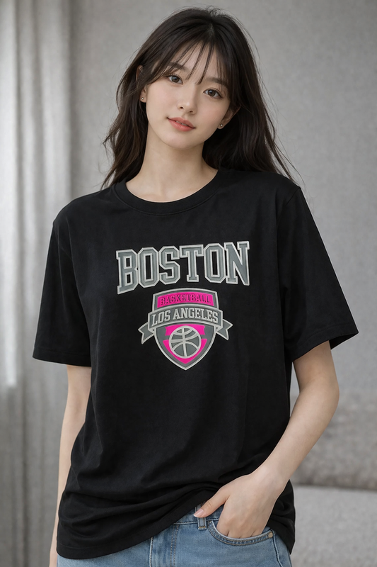 Boston Graphic T-Shirt for Women Wholesale | Korean Oversized Cotton Casual Tee | Sports Print Ladies Tops Supplier India