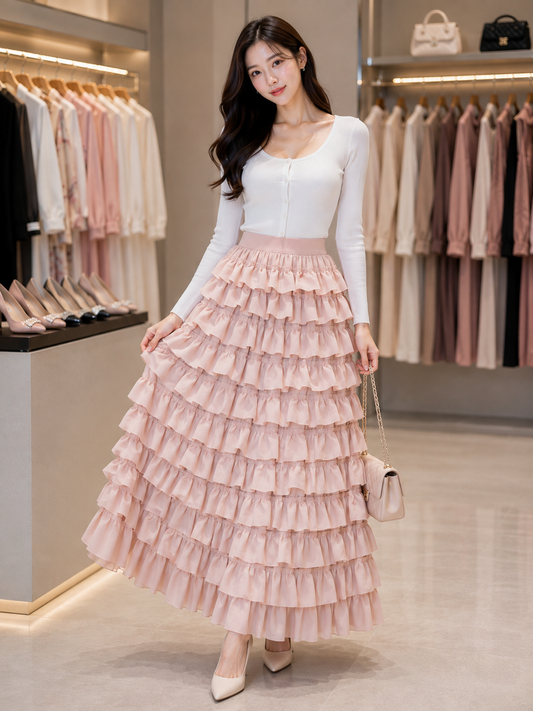 Elegant Layered Ruffle Maxi Skirt - Luxury Korean Fashion Wholesaler
