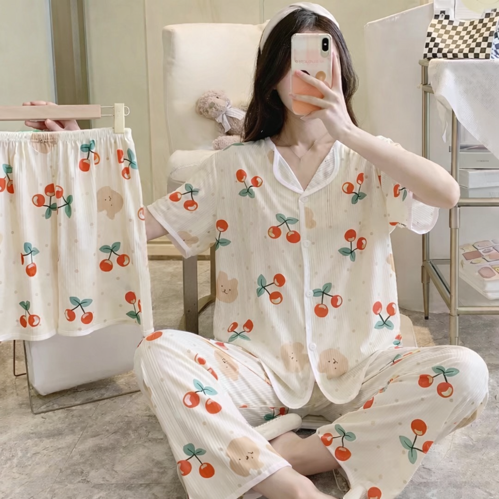 Imported Korean Cotton Night Suit for Women – Cherry Print | Pack of 12 | Free Size M-XL | Wholesale India