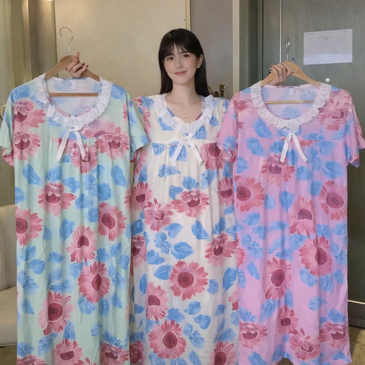Imported Korean Floral Printed Nighty for Women – Pack of 12 | Free Size M-XL | Wholesale Nightwear India