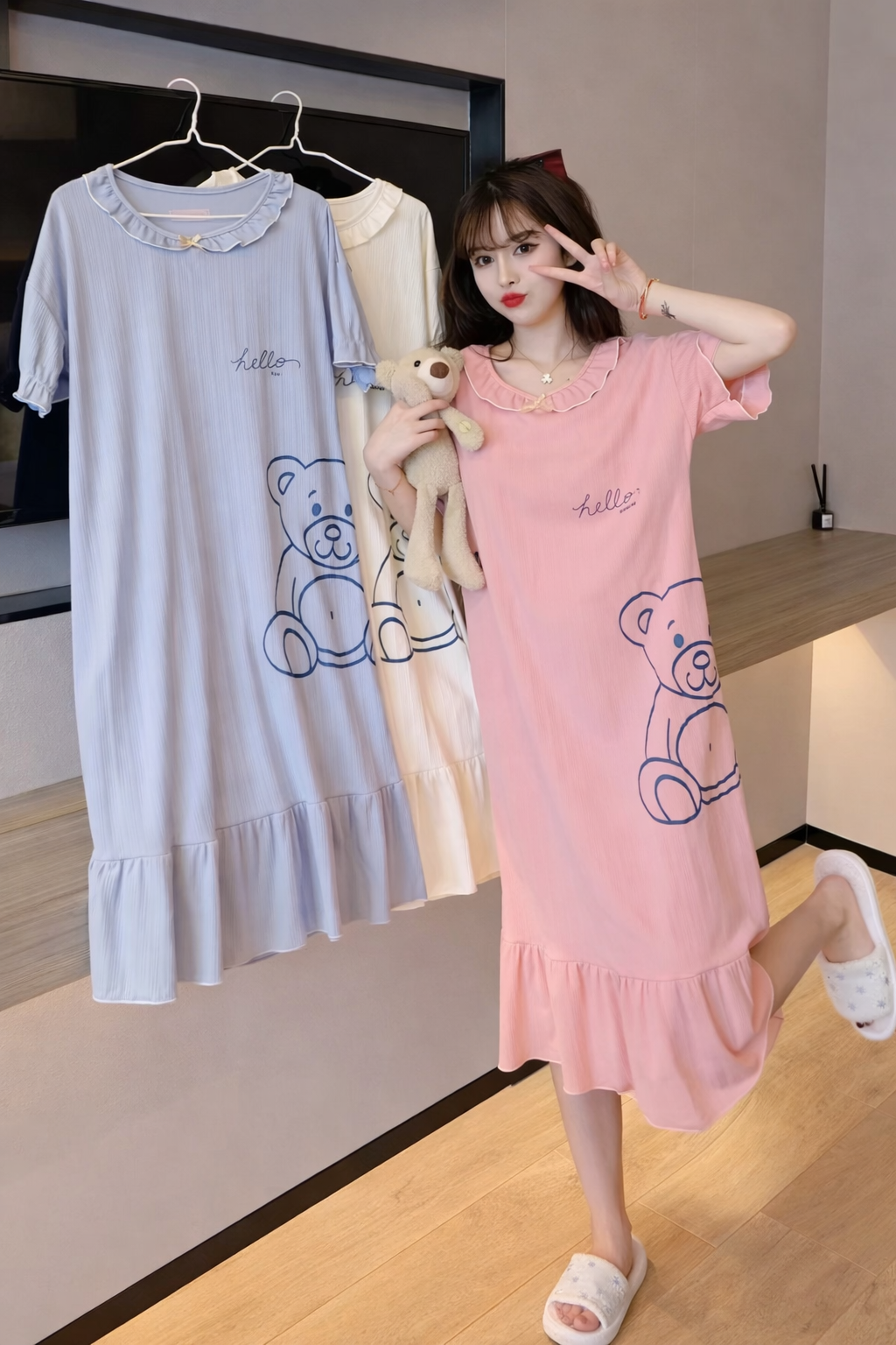Imported Korean Teddy Print Nighty for Women – Pack of 12 | Free Size M-XL | Wholesale Nightwear India